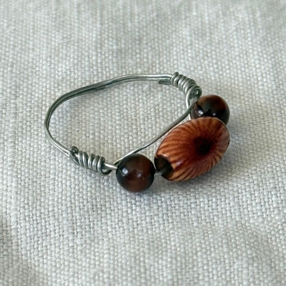 Boho Wire Wrapped Ring Wood Bead Jewelry Silver Earthy Goblincore Fairycore Sz 7